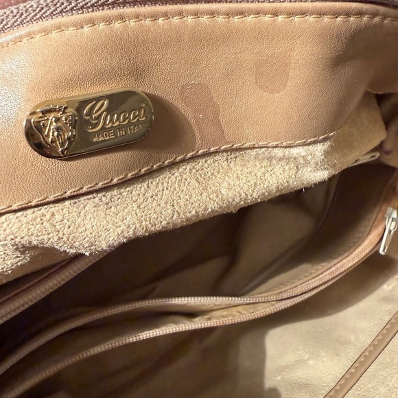 Vintage Gucci GG Monogram Boston Bag Tan Leather Trim top handle FLAW - Picture 9 of 16